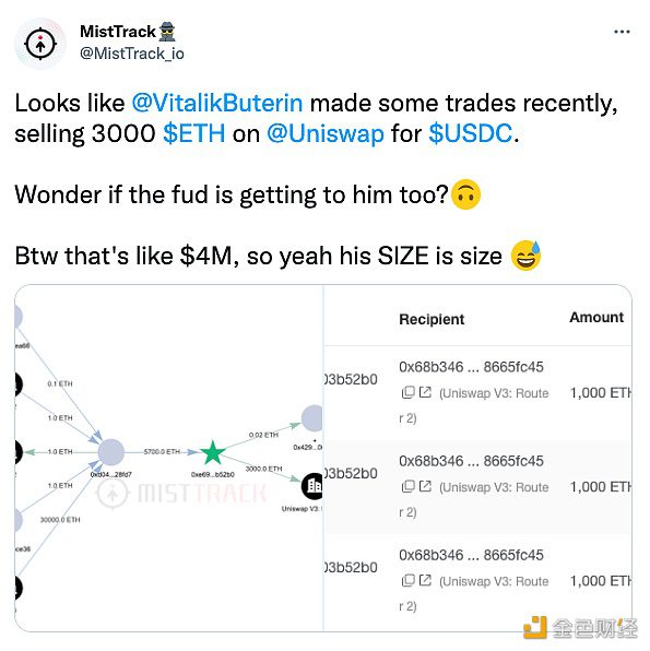 慢雾：V神相关地址近日于Uniswap卖出3000枚以太坊-第1张图片-binance下载