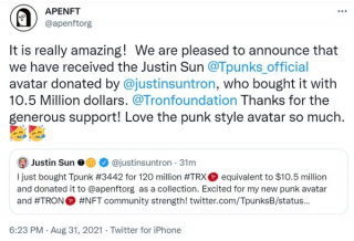 1050万美元天价买下Justin sun Tpunks 孙宇晨又在“憋大招”？