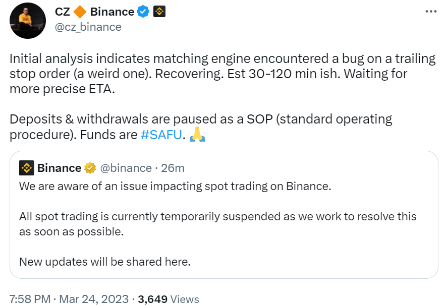 CZ：预计需要30-120分钟左右恢复，资金是安全的-第1张图片-欧意下载