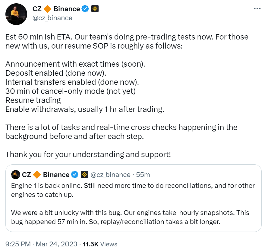 CZ：预计60分钟左右恢复交易-第1张图片-欧意下载