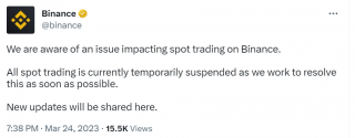BIAN：现货交易出现问题已暂停，正努力解决